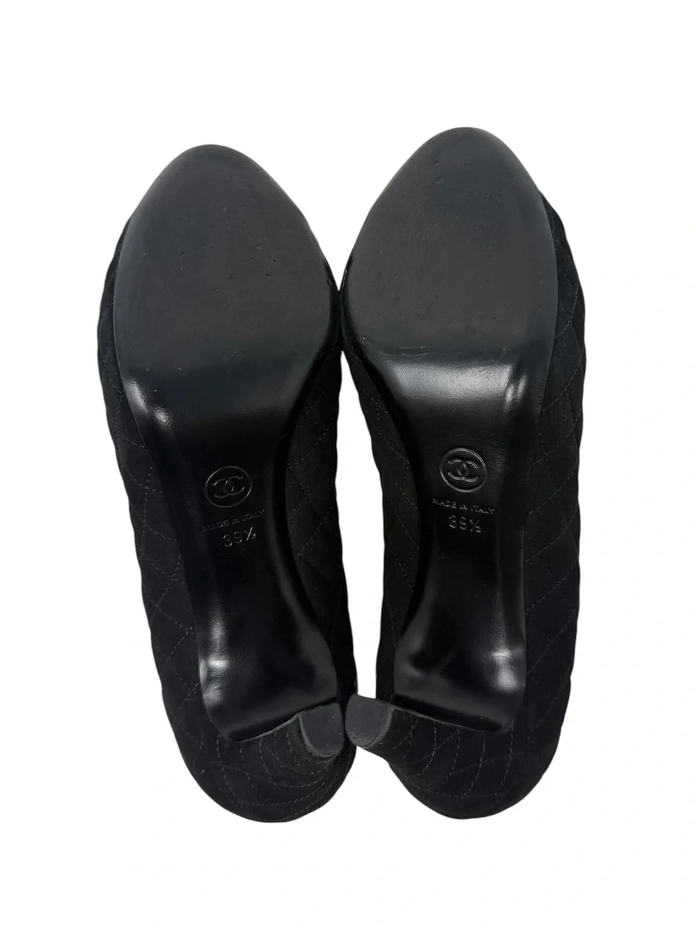 Chanel Quilted CC Cap Toe Black Suede Pumps Size 39.5